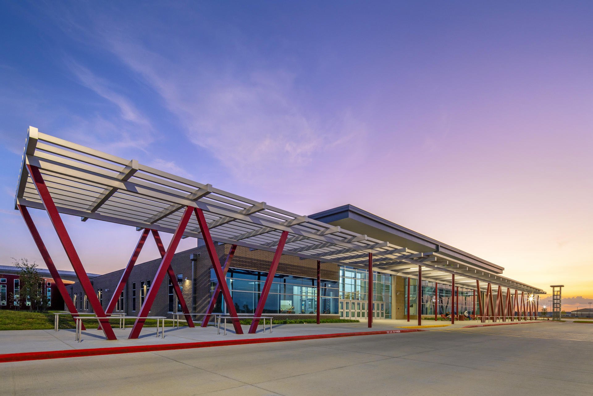 building exterior and bus drop off area