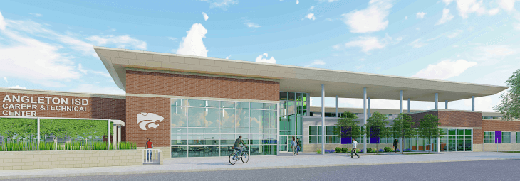 Angleton ISD – 2019 Bond Program Projects - New CTE BuildingAngleton ISD’s 2019 Bond included various District renovations, and mostly notably the construction of a new CTE Center. This new career, technology, and education building is designed to provide culinary arts, vet tech, ag fabrication, horticulture, cosmetology, welding, ROTC, digital design, engineering & robotics, health sciences, education, broadcast, information technology, and law enforcement programs. The new 128,000 SF facility was completed Summer 2022. The project included many challenges in coordination to accommodate the specialized equipment for the broad range of unique educational programs. Each educational program has a unique space with individual characteristics along a large corridor that extends across the building. This new flagship facility will serve to teach the foundation of the workplace environment to the students of Angleton ISD for years to come.Back to Portfolio