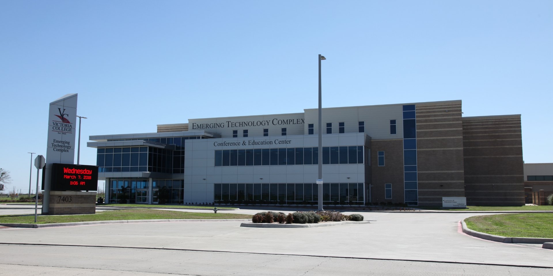 Victoria College – Emerging Technology Center  The Emerging Technology Center is Victoria College’s new workforce training and conference center.&nbsp; The project consists of two buildings – The Industrial Training Center (44,574 SF) and a Conference/Classroom Facility (72,381 SF).&nbsp; The Industrial Training Center houses classrooms and large training spaces for safety, rapid response, machining, assembly and logistics training.&nbsp; The Conference/Classroom Facility is a state of the art center that includes classrooms, conference and administrative areas using the most current technology for presentation and instruction.&nbsp; The Conference/Classroom Facility also includes catering amenities for event entertainment.&nbsp; The site is furthermore designed to provide areas for motorcycle and truck driving instruction.  Back to Portfolio 